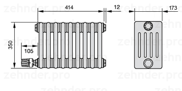 Схема (чертеж) Радиатор Zehnder Charleston 5035/9 №V003 Белый глянцевый RAL 9016